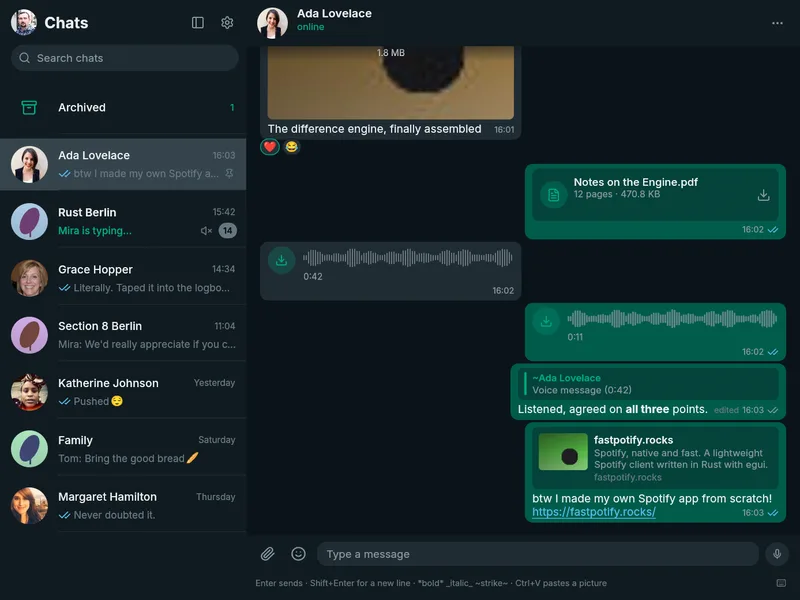 FastsApp showing chats, attachments, and voice messages