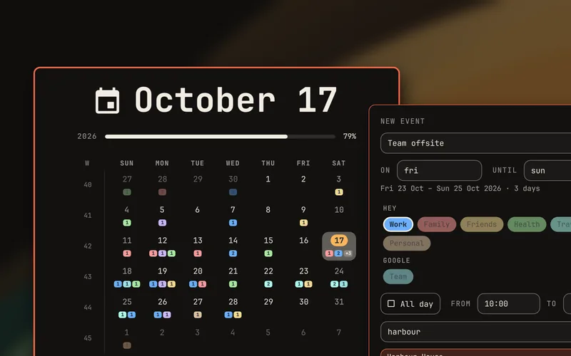 Calendar for Omarchy month view and a new-event form with example HEY and Google calendars