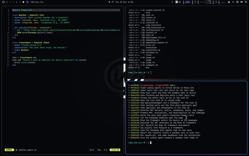 Chat with Work Dark for Omarchy, showing the editor, terminal, and desktop palette