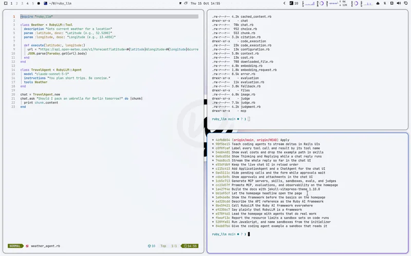 Chat with Work Light for Omarchy, showing the editor, terminal, and desktop palette