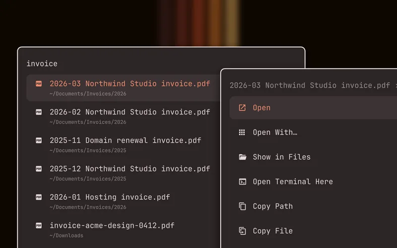 Files for Omarchy showing example search results and the actions panel