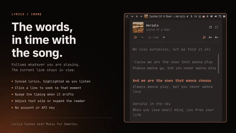 The Omarchy lyrics panel following a song line by line
