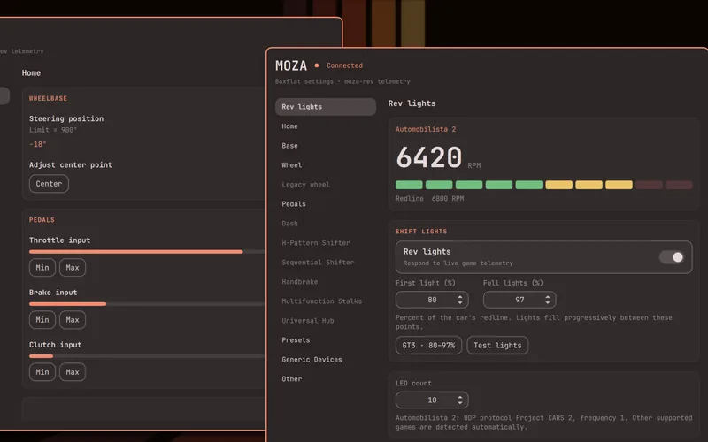 MOZA wheelbase settings and rev lights with simulated RPM and pedal inputs