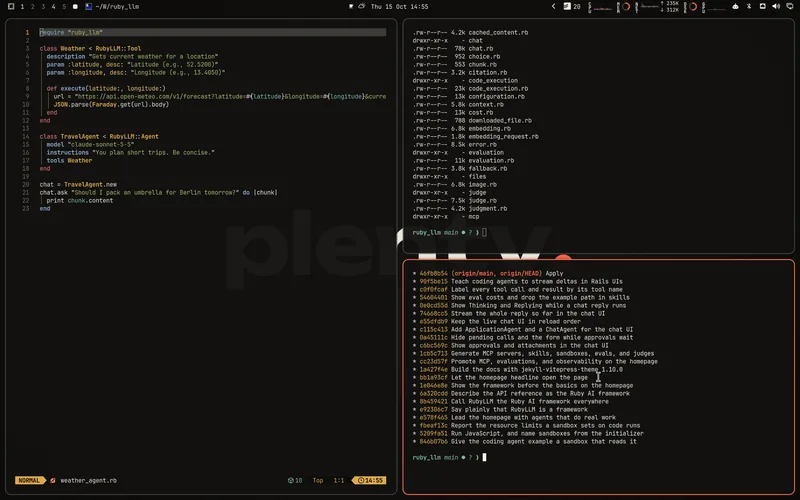 Plenty Dark for Omarchy, showing the editor, terminal, and desktop palette