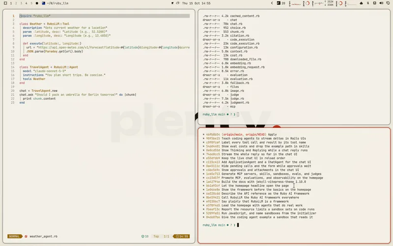 Plenty Light for Omarchy, showing the editor, terminal, and desktop palette