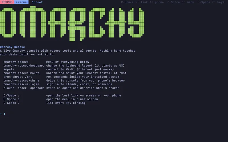 The Omarchy Rescue live console welcome screen with recovery commands