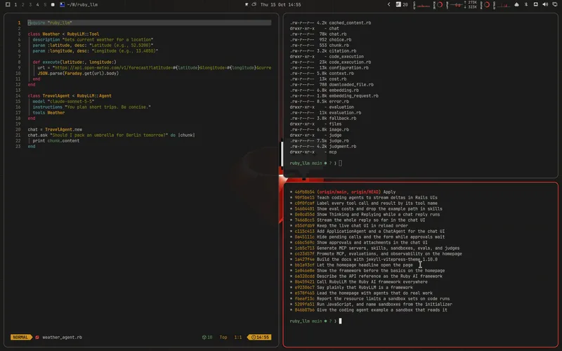 RubyLLM Dark for Omarchy, showing the editor, terminal, and desktop palette