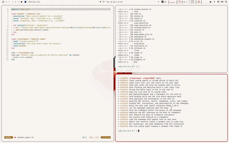RubyLLM Light for Omarchy, showing the editor, terminal, and desktop palette