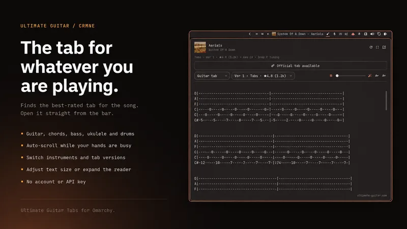 Ultimate Guitar Tabs showing a song's tab in an Omarchy panel