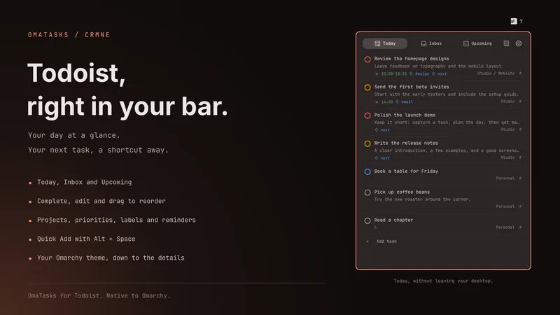 OmaTasks showing a compact Todoist task list in an Omarchy panel