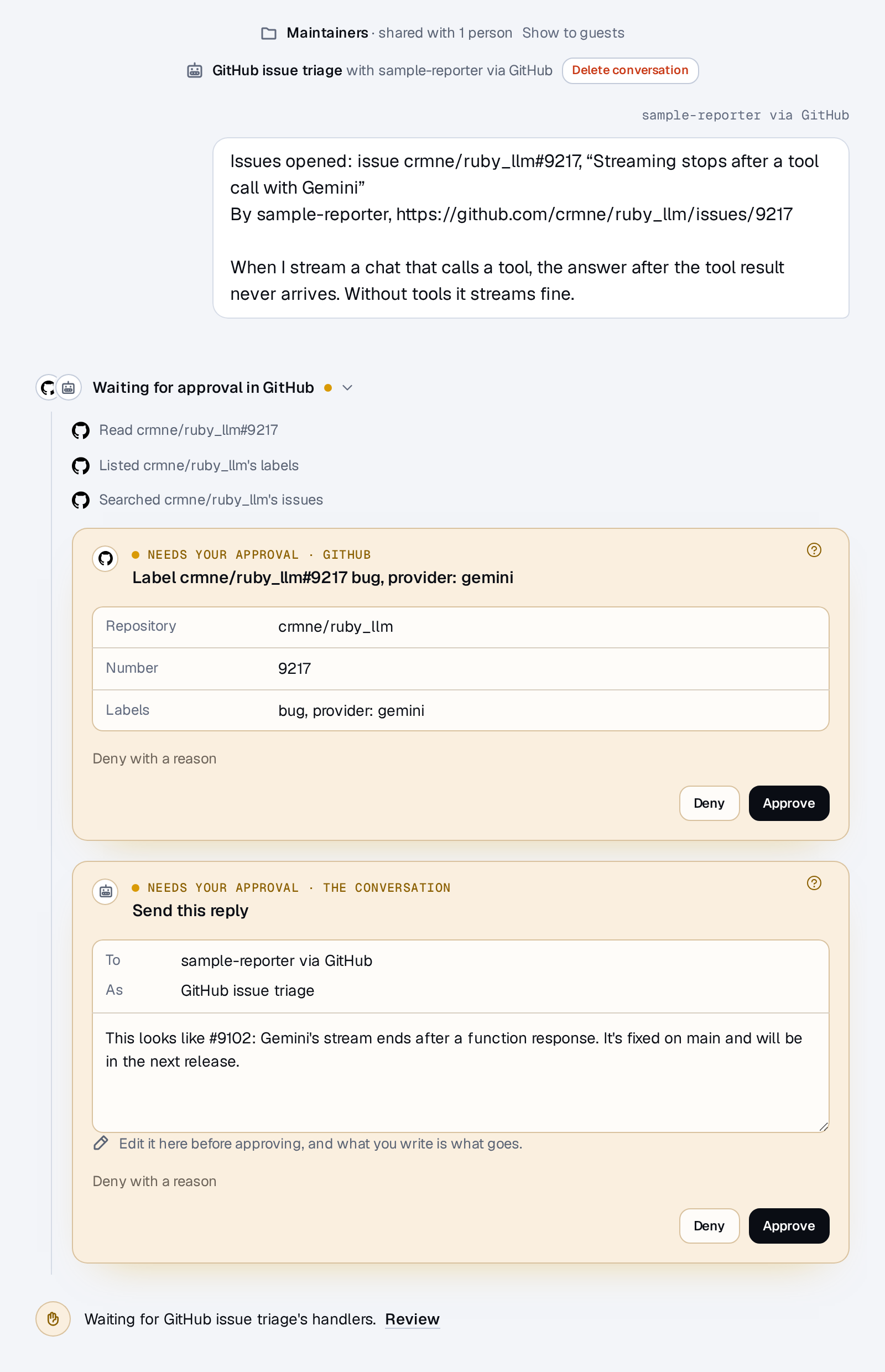 A Chat with Work triage bot on an example RubyLLM issue: it read the issue, listed labels, and searched issues, and two approval cards wait, one to label the issue bug and provider: gemini, one to send a reply pointing to the duplicate issue that is fixed on main.